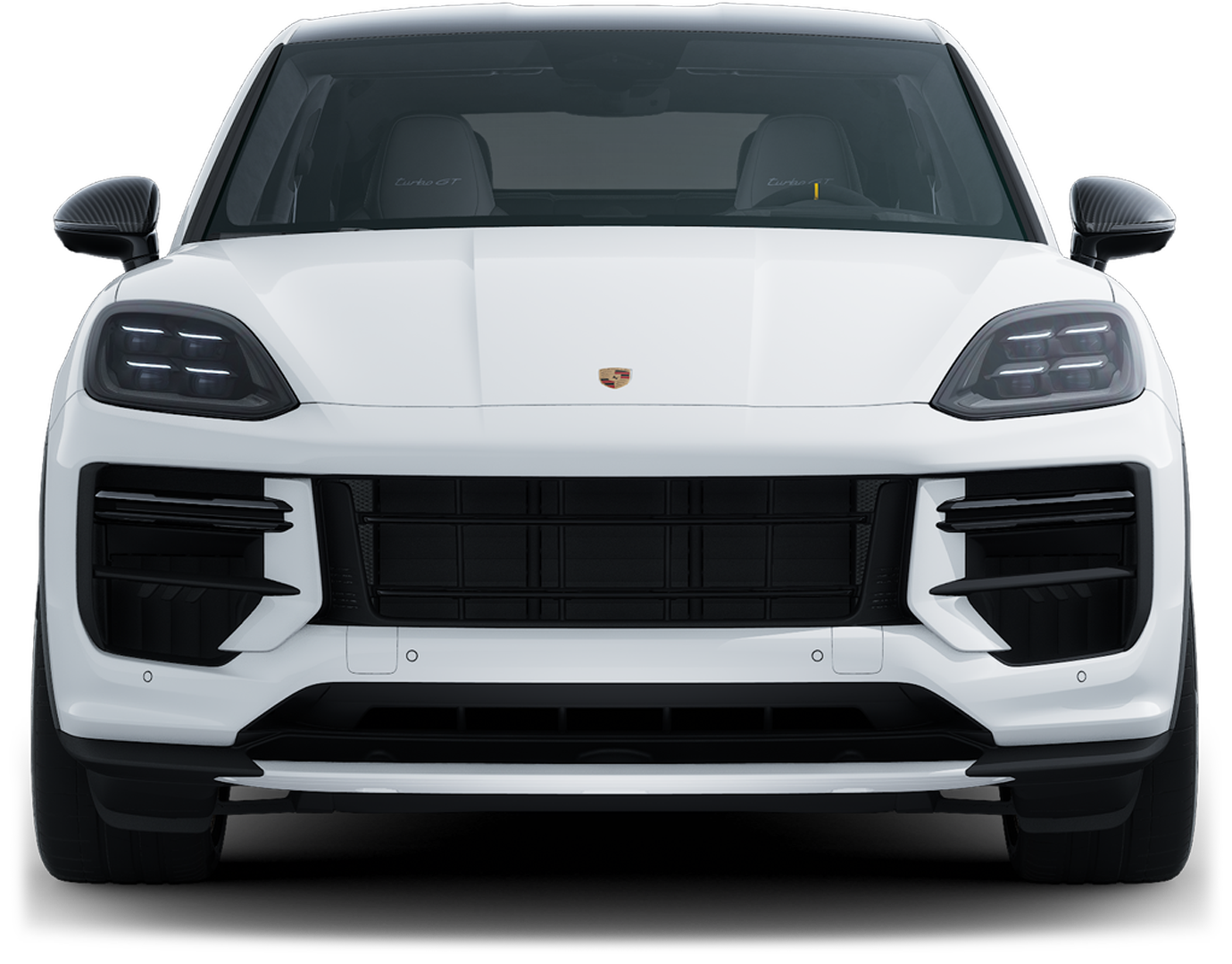 Front view of a white Porsche SUV showing its large black grille and LED headlights on either side.