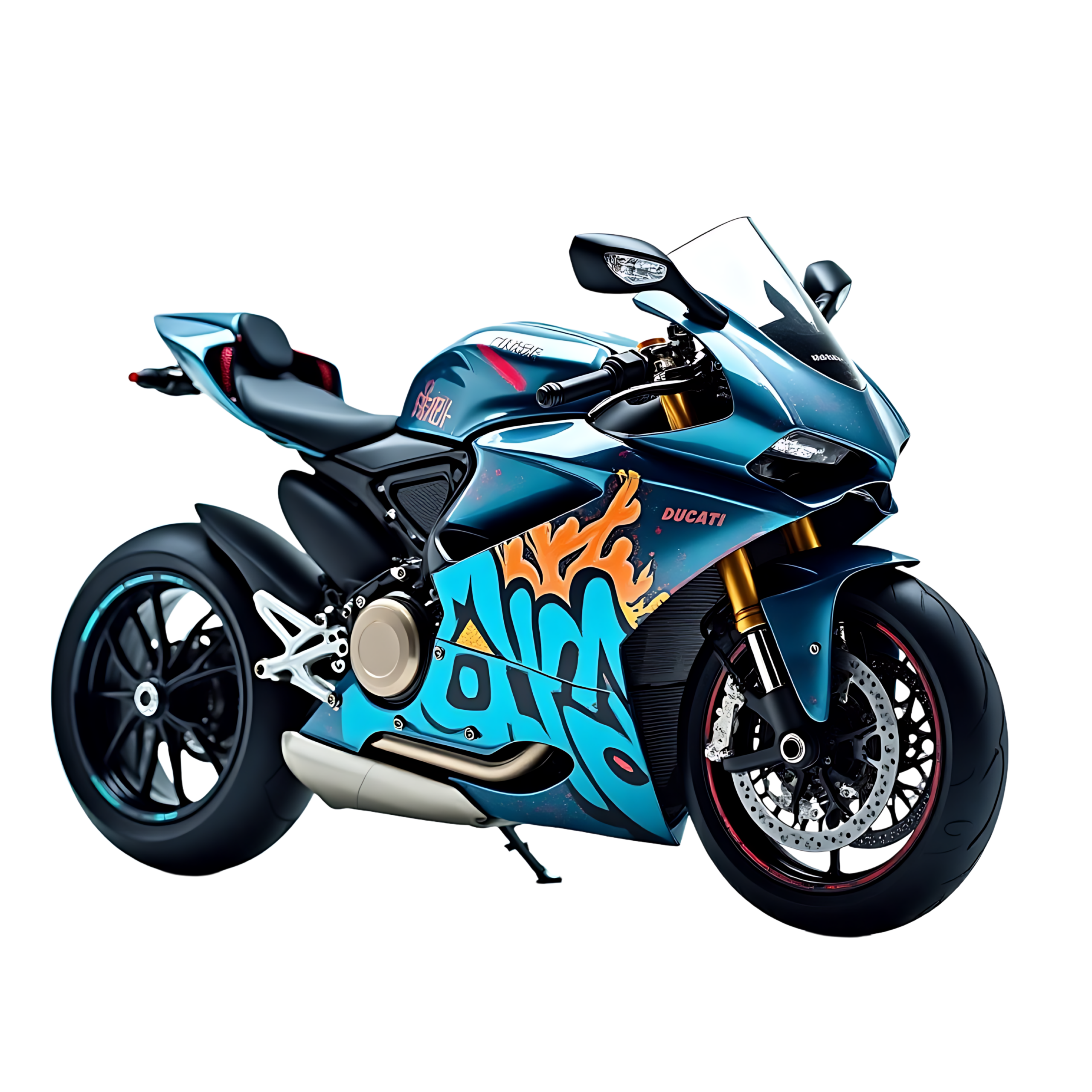 Blue sport motorcycle with graffiti-style flame decals and a clear windshield, partially shown from the side.